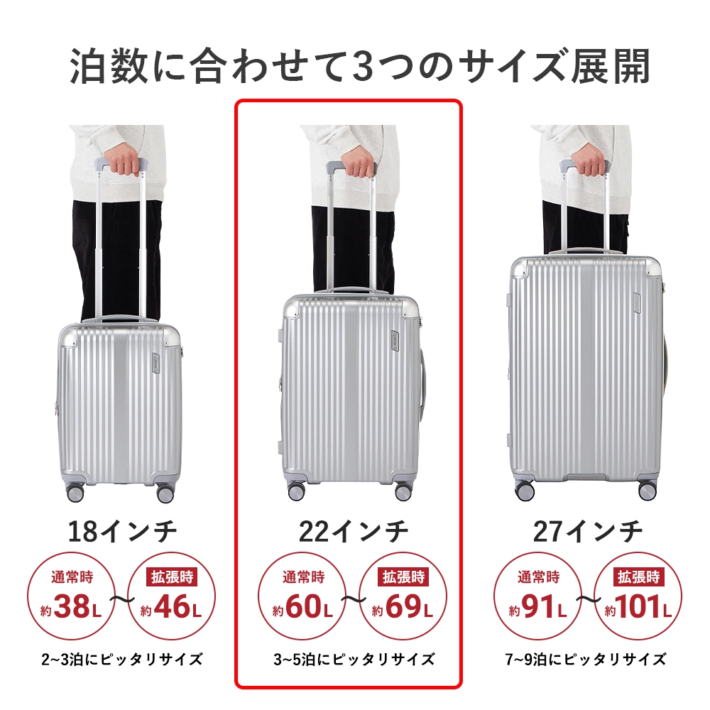 キャリーケース22インチ（シルバー）
